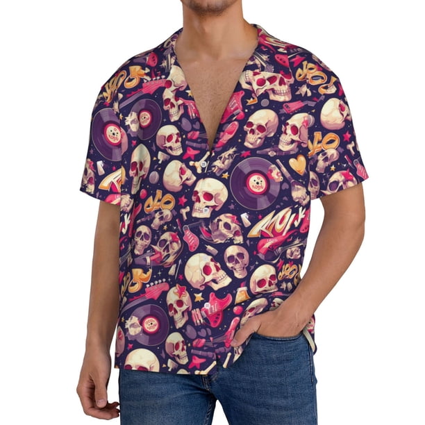 Balery music Skull record Guitar Camisa Casual de Manga Corta con Botones para Hombre, Texturizada, Estilo Cubano, para Playa, Verano-Large