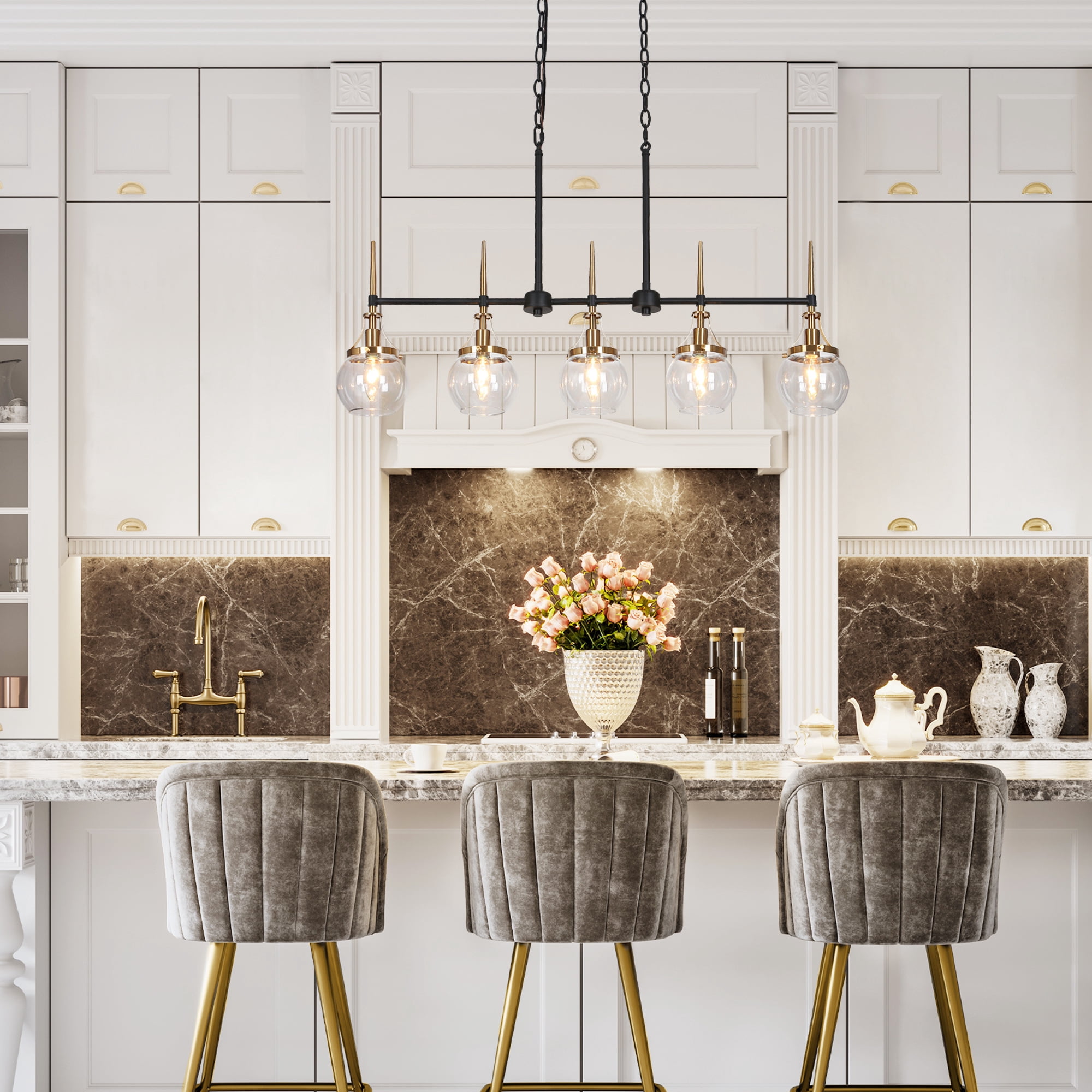 LNC Modern 5-Light Linear Chandelier with Clear Globe Glass Shades, Black and Brass Finish