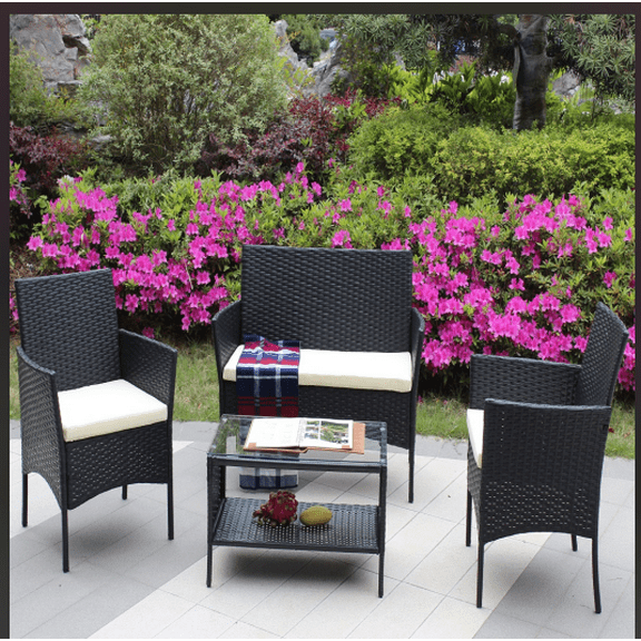 YDSM 4 PC Rattan Patio Furniture Set Outdoor Patio Cushioned Seat Wicker Sofa (Beige Cushion)