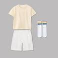 thumbnail image 5 of Girls First Day of School Outfits Set Casual Short Sleeve Tees Shorts Rainbow Socks Cotton Summer Going Out Clothes 9 Years, Beige, 5 of 5