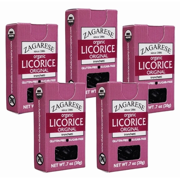 ZAGARESE Organic Licorice extract, Original flavor, Small Hard Bits, Bold Licorice Treat, Sugar-Free, Gluten-Free, 0.7 oz flip-top box, Set of 5