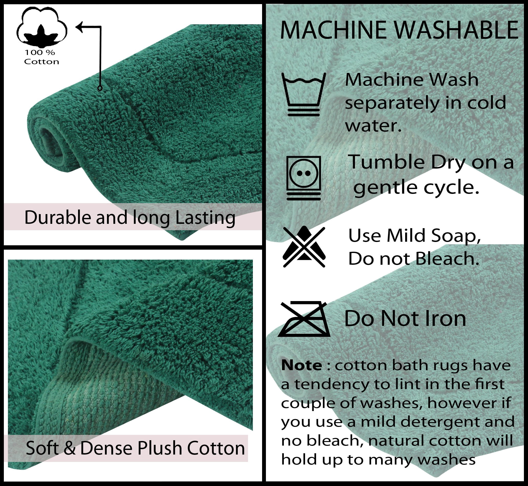 Home Weavers Waterford Collection 100% Cotton Non-Slip Bathroom Rug Set Machine Washable Bathroom Rug-17"x24", Bath Rug- 21"x34", Runner- 22"x60", Bottle Green Color 3 Piece Bath Rug set