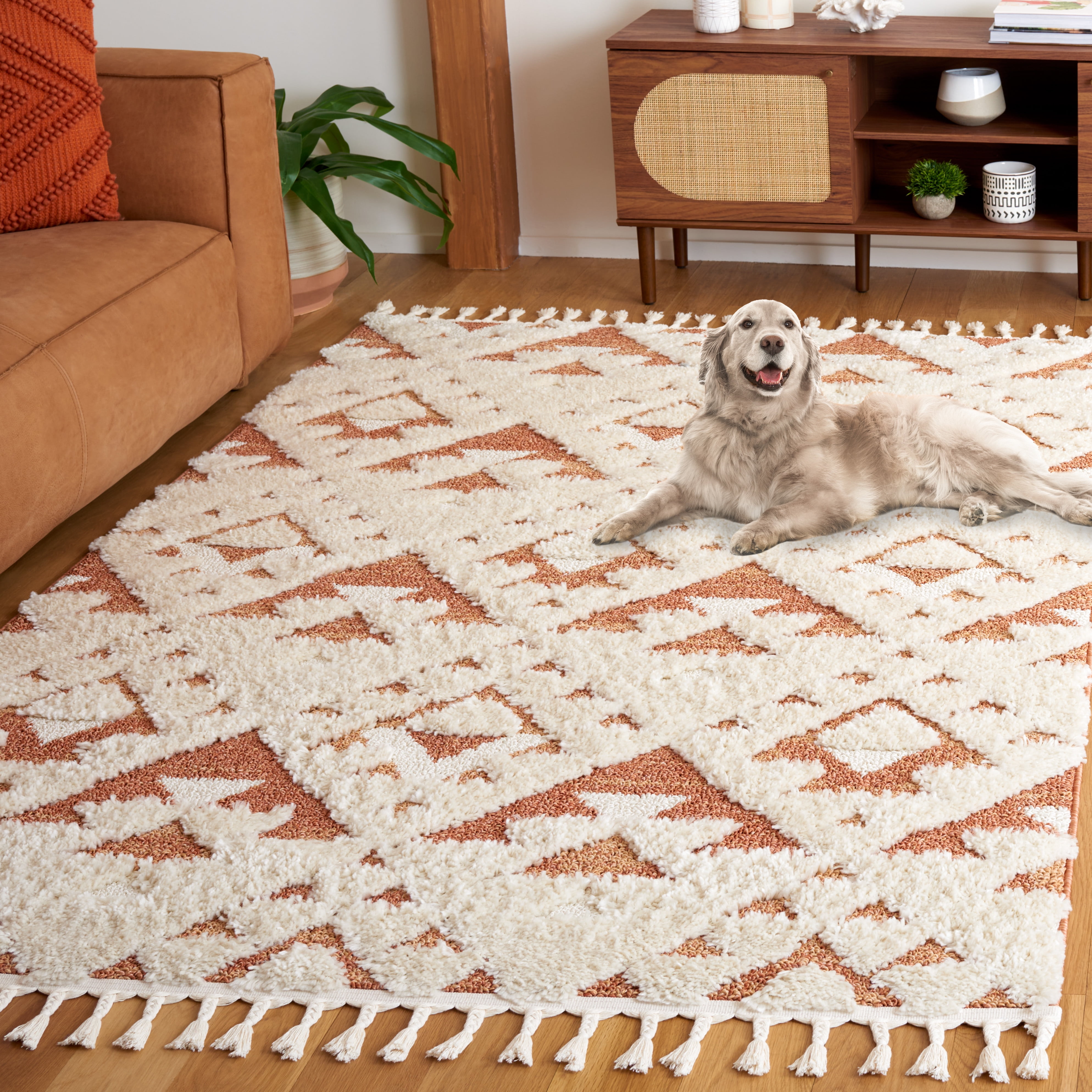 Safavieh Moroccan Tassel Larry Geometric Shag Area Rug, Ivory/Brick Rust, 10' x 14'