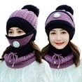 thumbnail image 3 of ZOELNIC Fleece Lined Women Beanie Knit Hat, Winter Scarf Mask Set, Girls Warm Hat Earmuffs Cap with Pom Scarf Set, Purple, 3 of 4