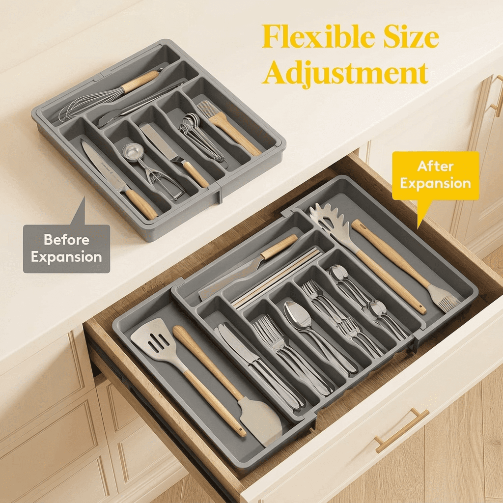 Norcho Expandable Utensil Organizer Drawer, Adjustable Cooking Silverware Tray, Plastic Spatula Tools Divider 13-22.4"x15" Gray