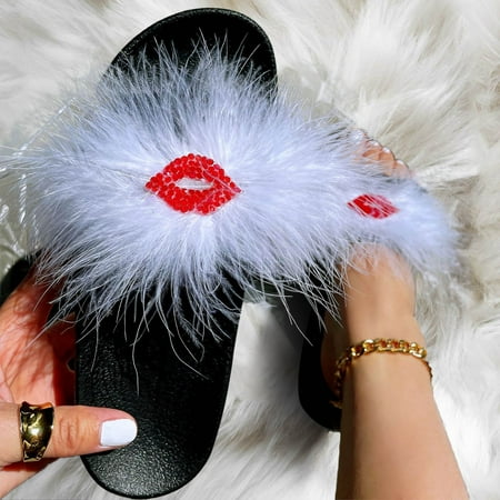 

Christmas Fashion Spring And Summer Women Slippers Thick Bottom Flat Plush Red Lip Decoration Rhinestones