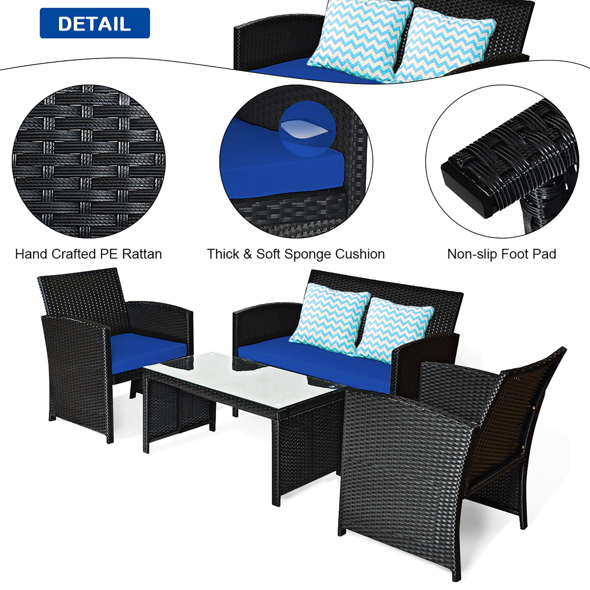 Costway 8PCS Patio Rattan Furniture Conversation Set Cushion Sofa Table Garden Navy
