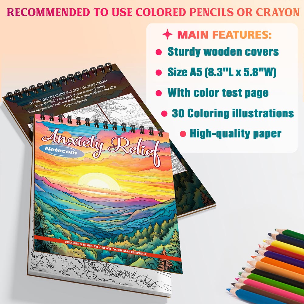 Anxiety Relief Coloring Book Spiral Bound For Adults, A5 Wooden Cover, 30 Tranquil Coloring Pages in Serene Mountain and River Scenes for Stress Relief and Relaxation