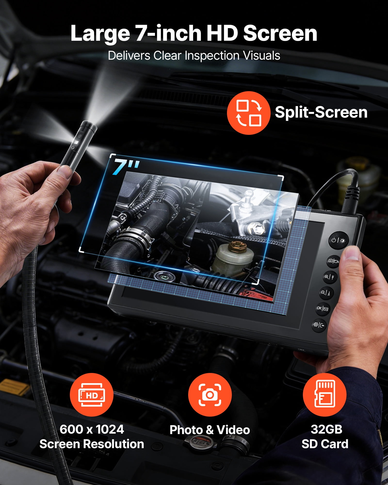 VEVOR Triple Lens Endoscope with Dual-Cable Setup, Industrial Borescope with Light, 7" HD IPS Spilt-Screen, 8 + 2 LEDs, 8X Zoom, IP67 Waterproof Snake Camera for Auto, Plumbing(16.4FT + 9.8FT Cables)