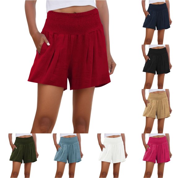 CAIVO Womens Casual Summer Smocked Elastic Waist Comfy Detail Beach Shorts Versatile Outdoor Leisure Work Solid Color Bottoms