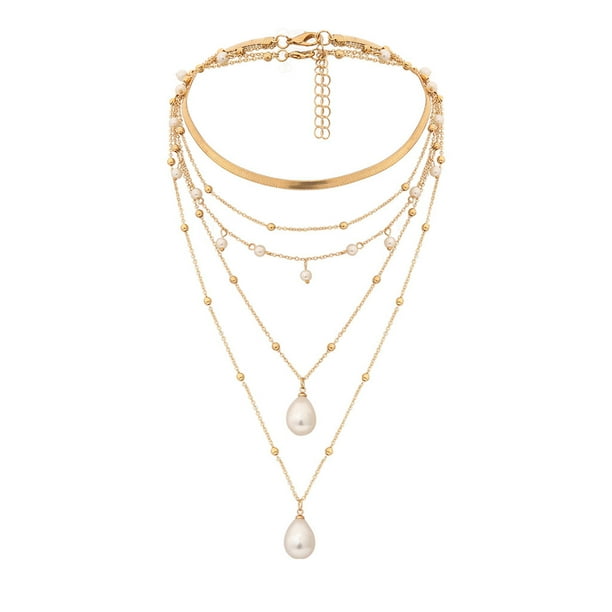 Collar retro de metal con perlas de arroz para mujer, regalo, collares de cuentas multicapa con colgantes
