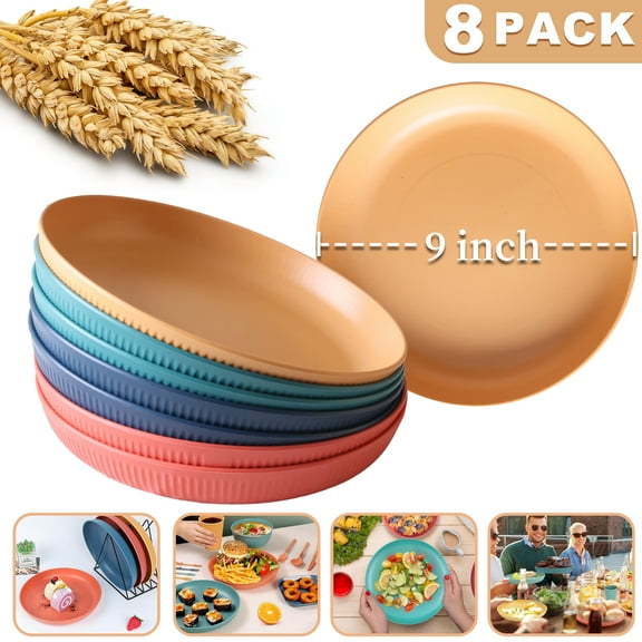 Aovky Wheat Straw Plates, 8 Pcs 9 Inch Lightweight Unbreakable Reusable Deep Dinner Plates for Microwave and Dishwasher Safe, Large Plates Set with 4 Colors for Kitchen and Outdoor Picnic