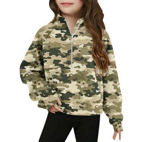 Girl's Graphic Camo Hoodie Long Sleeve Drop Shoulder Hooded Sweatshirts Loose Vintage Pullovers