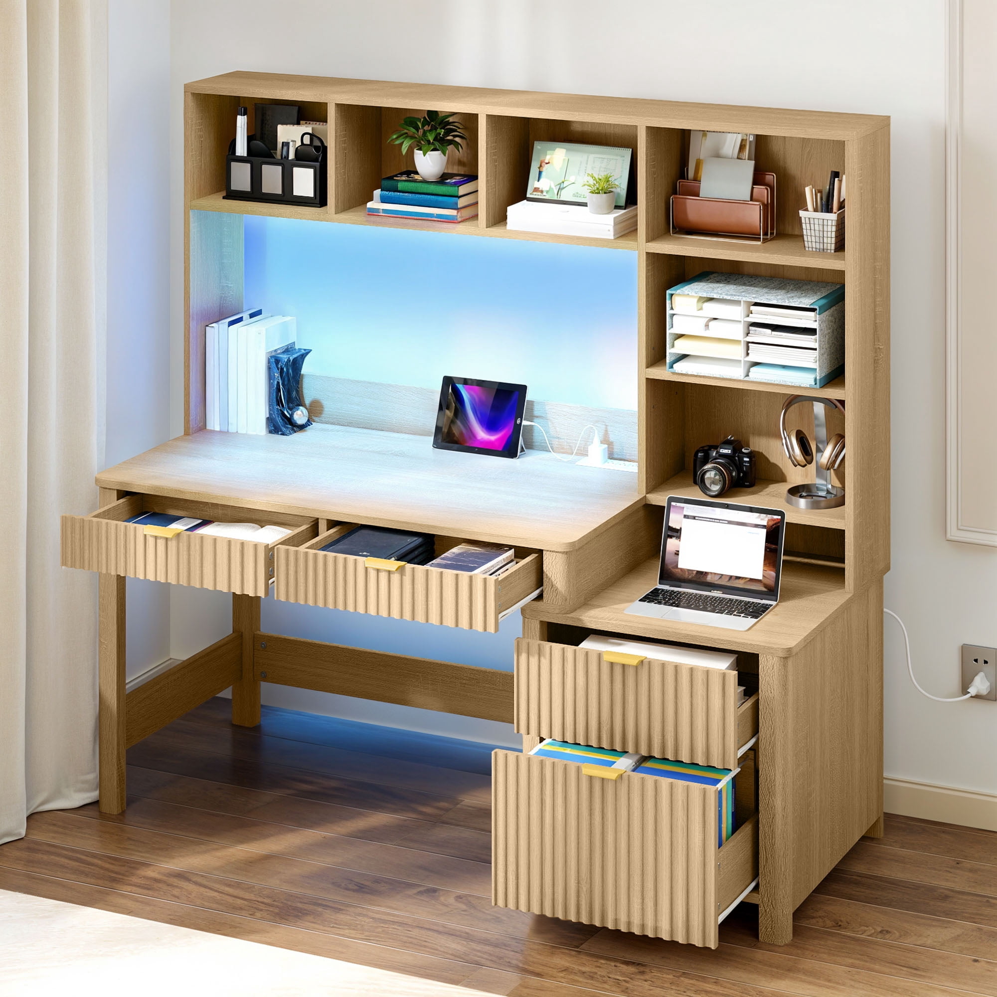 Craftian 55" Computer Desk with LED Light & Hutch,  Home Office Desk Executive Desk with Drawers, Oak