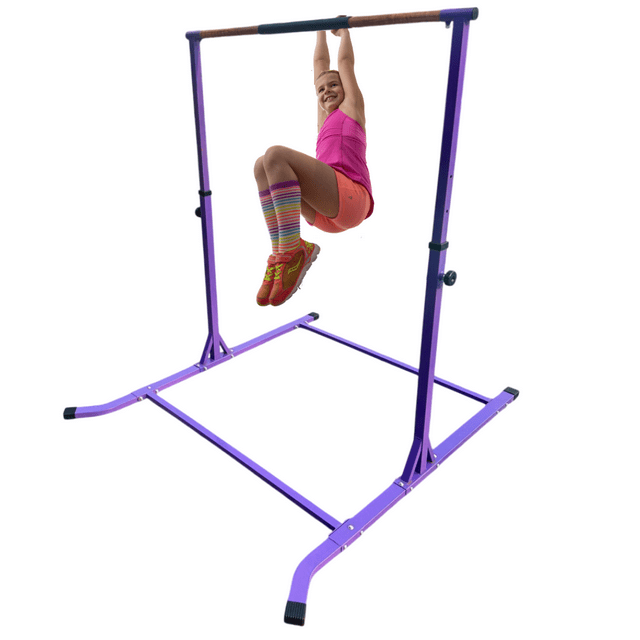 GYMPROS Barre de Gymnastique Athlétique Haute pour Enfants, Barre d'Entraînement de Gymnastique Avancée avec Hauteur Réglable jusqu'à 5 Pi avec Base Allongée, Barre Kip Horizontale avec Prise Rembourrée (Violet)