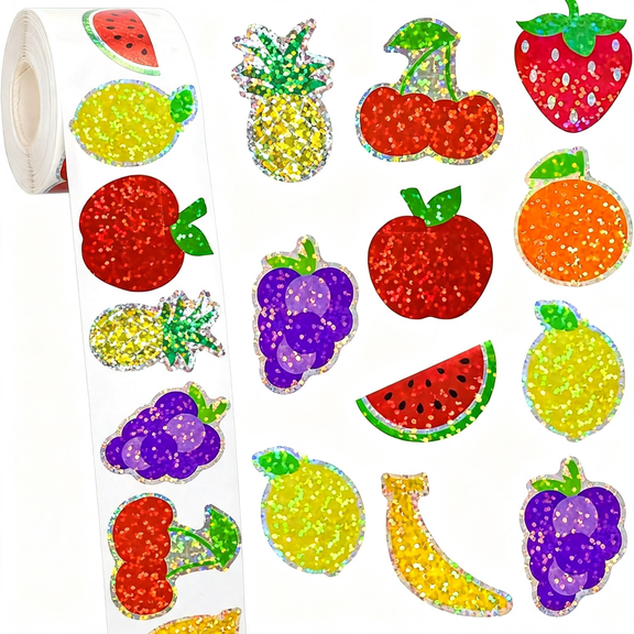 CCOCC Fruit Stickers,Holographic Fruit Stickers 500Pcs Per Roll Apple Stickers for Kids