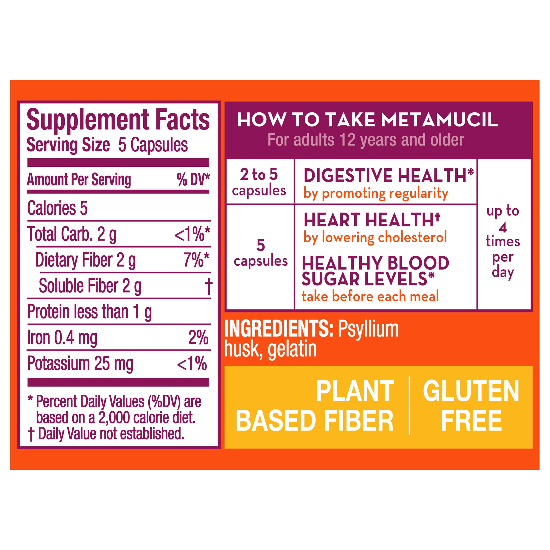 Metamucil Psyllium Husk Capsules, 200 Capsules, Daily Super Fiber