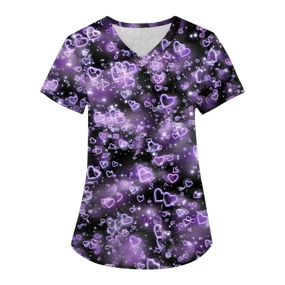 Scrub Tops for Women Valentine's Day Graphic Heart Printed Nurse Working Uniforms Stretchy V Neck Holiday Blouse Tee