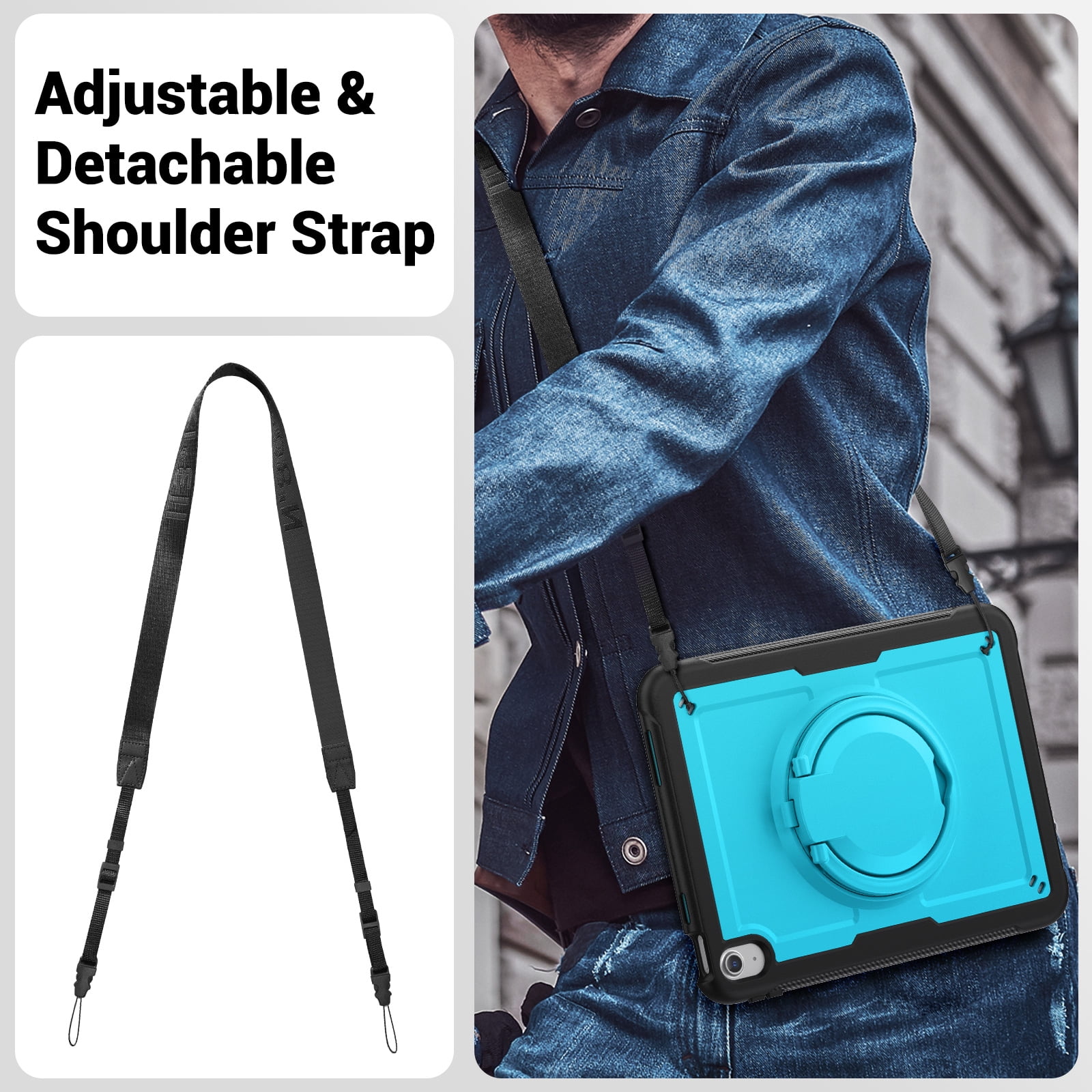 Shockproof Case for Apple iPad 11th 10th Generation 2025 2022, Rugged Hybrid Protective Cover with Pencil Holder & Shoulder Strap Kids Friendly Rotating Stand Case for iPad 11th 10th Gen, Lightblue