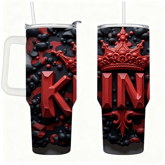 King Crown Stainless Steel Tumbler with Handle, Red Black Insulated Cup with Straw