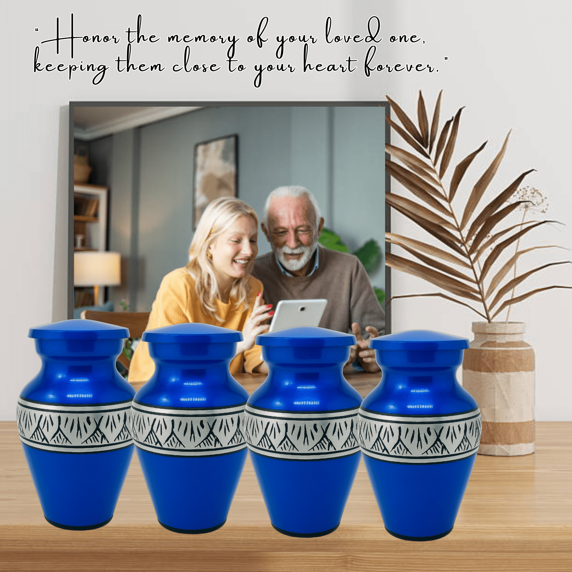 Nova Niche Small Royal Blue Aluminium Cremation Urns for Human Ashes – Mini Memorial Keepsake Set of 4 with Velvet Case