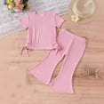 thumbnail image 2 of tarylea Baby Girl Clothes Drawstring Short Sleeve Crew Neck Tops Elastic Waist Bell Bottom Flare Pants Solid Color Ribbed Suits Summer Trendy Comfy Loose Toddler Outfits for 9 Months-4 Years, 2 of 9