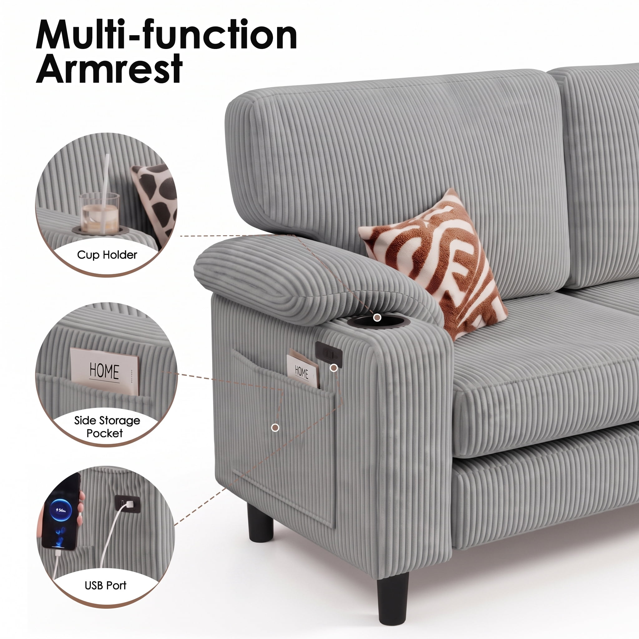 Anpport 80" L‑Shaped Corduroy Sectional Sofa, 3‑Seater Couch with Storage Ottoman, USB Port & Cup Holders for Small Spaces, Light Gray