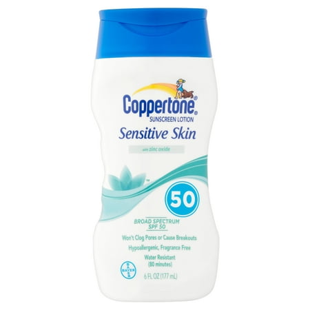 Coppertone Sensitive Skin Fragrance-Free Sunscreen Lotion, SPF 50, 6 (Best Sunscreen For Toddlers Sensitive Skin)
