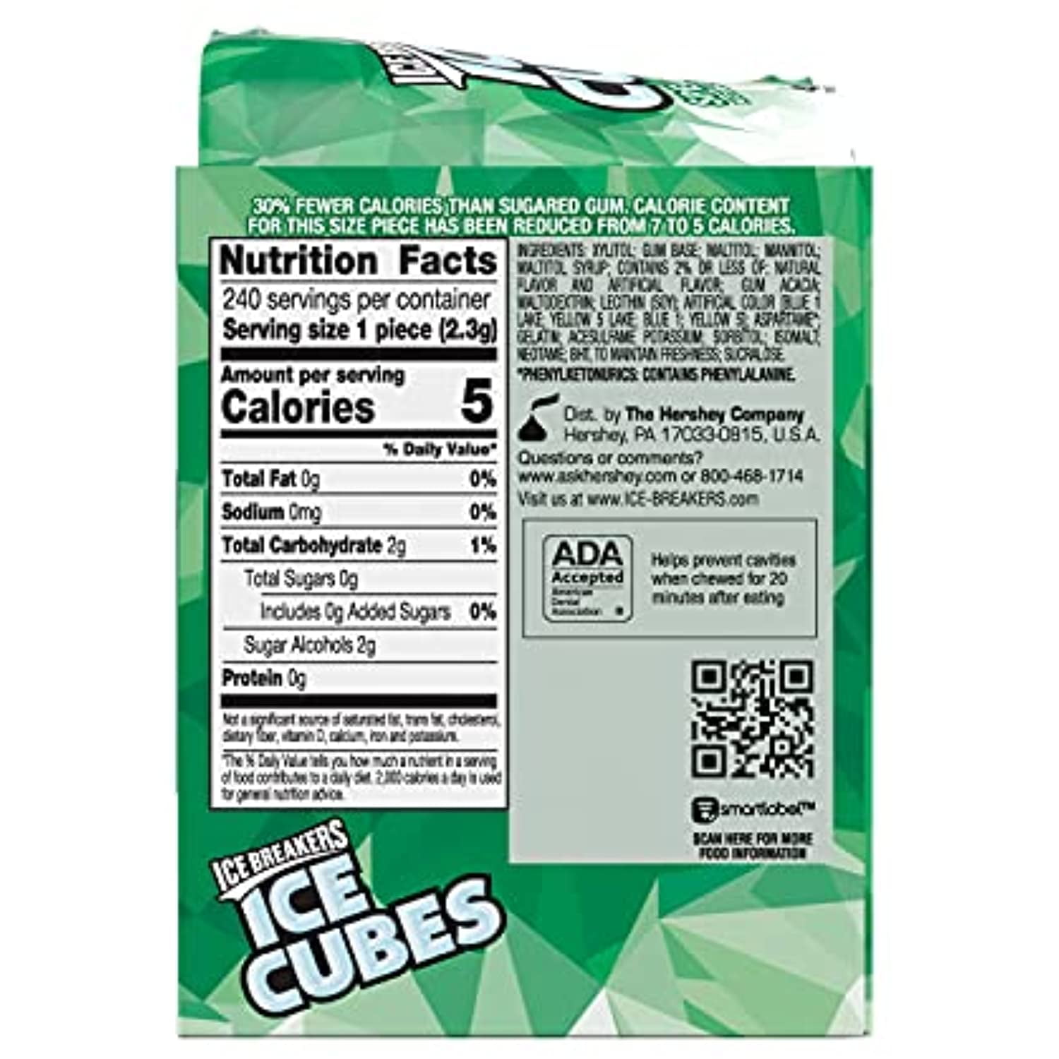 Ice Breakers Ice Cubes Spearmint Flavored Sugar Free Chewing Gum, Made With Xylitol, 40 Piece Container (6 Ct)