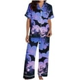thumbnail image 4 of FDGIU Women's Halloween Pajamas Fashion Short Sleeve Turndown Collar Pajama Pockets Halloween Print Pants Elastic Waist Set, 4 of 5