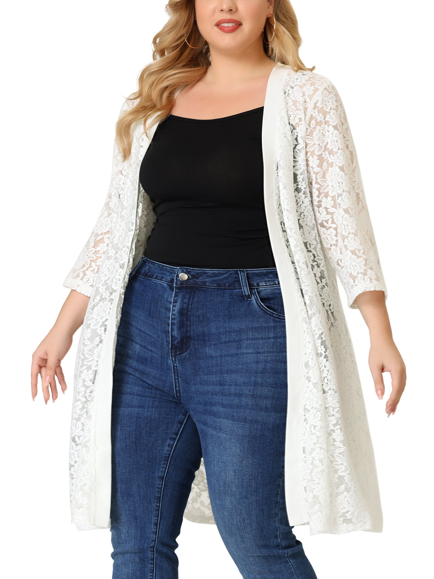 DARING DIVA Women's Plus Size Lace Crochet 3/4 Sleeve Cover Up Jacket 6X White