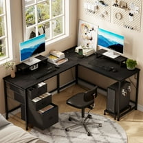 L Shaped Computer Desk, Reversible Gaming Desk with Drawers, Corner Desk with Storage Shelves & Monitor Stand, Home Office Desk Workstation, Black
