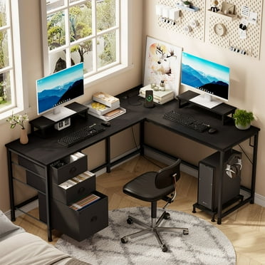 L Shaped Computer Desk, Reversible Gaming Desk with Drawers, Corner Desk with Storage Shelves & Monitor Stand, Home Office Desk Workstation, Black