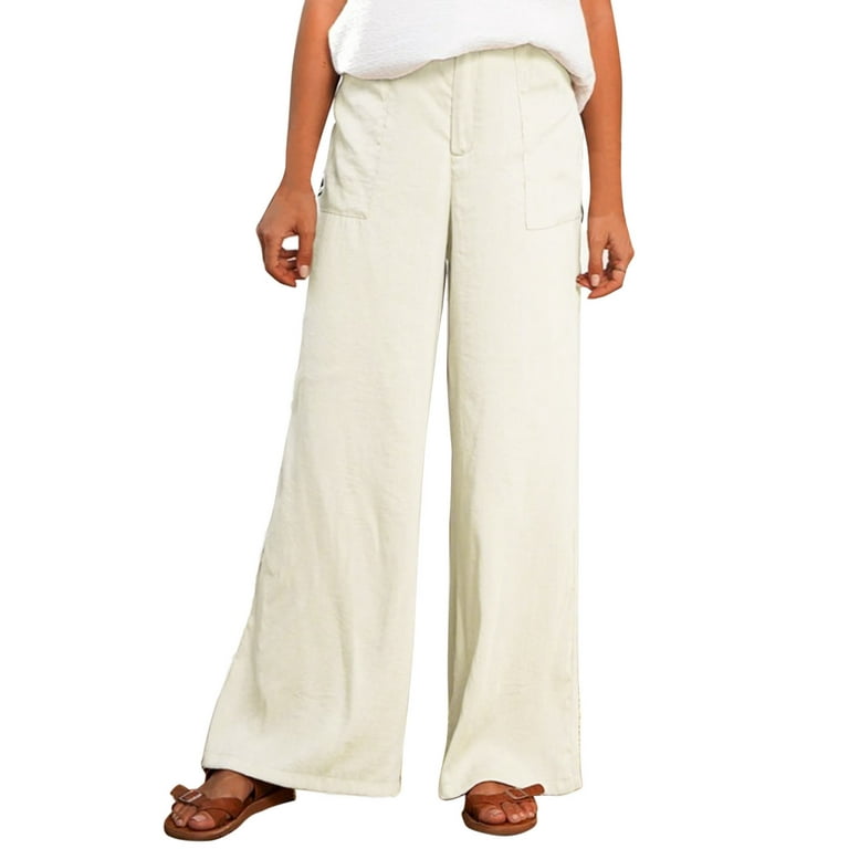 Women Solid Cream Linen Cargo Pant