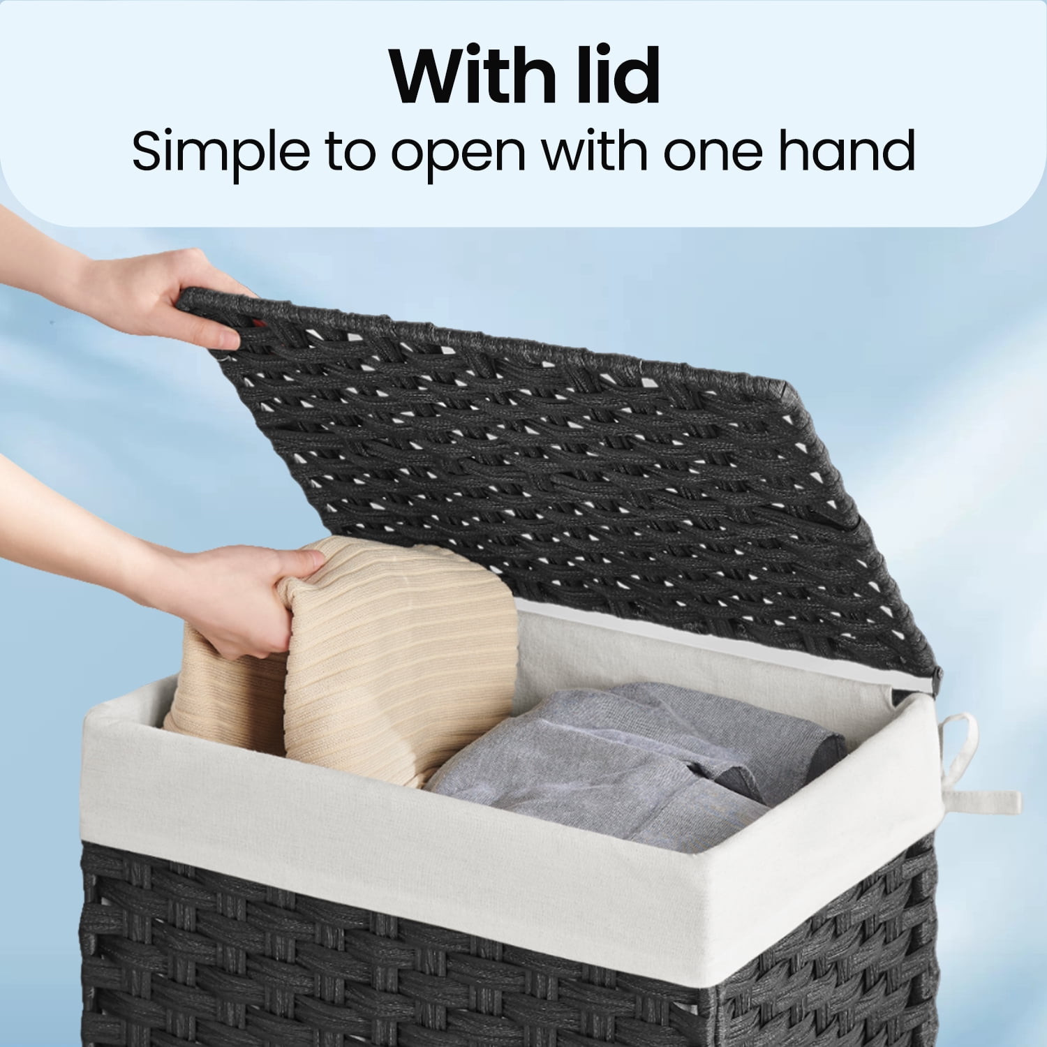 LEDREM Foldable Laundry Hamper with Removable Liner & Lid – 23.8 Gallon (90L) Synthetic Rattan Basket, Handles, Space-Saving for Bedroom，Bathroom, Black