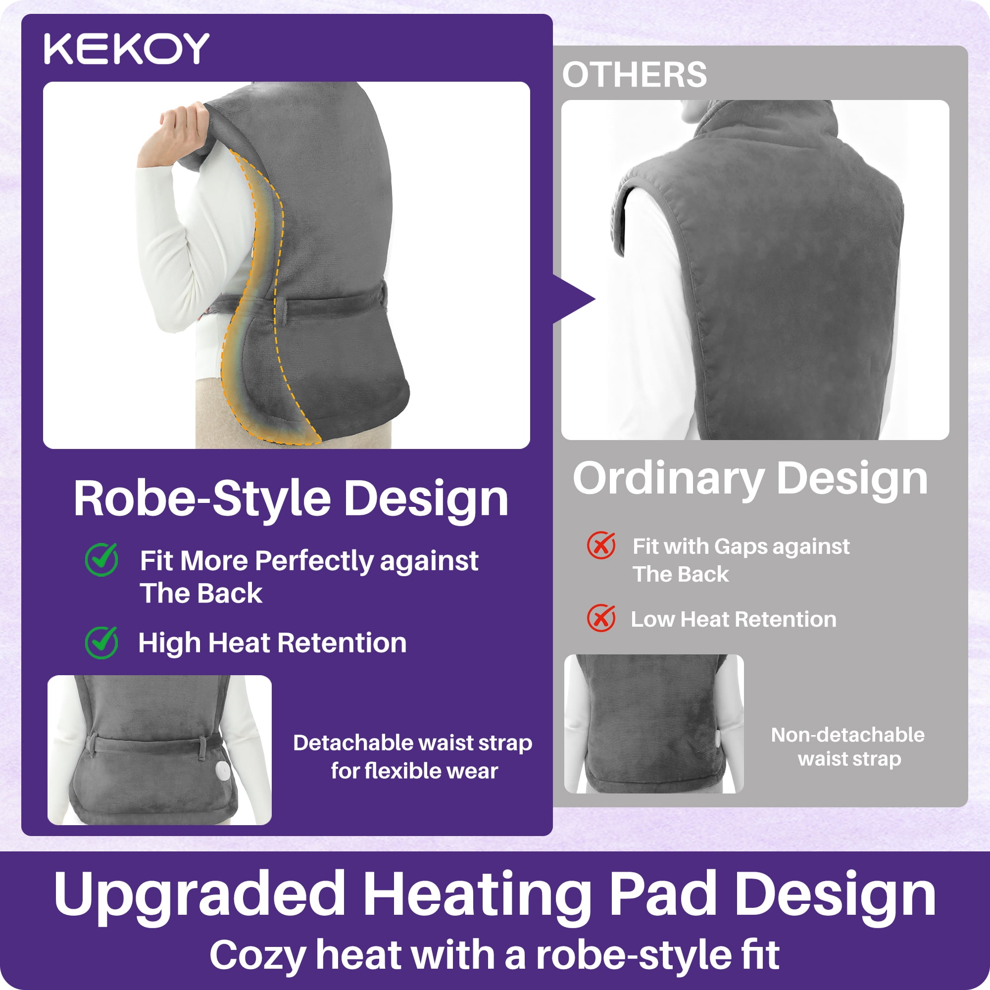 KEKOY Heating Pad for Back, Neck & Shoulders Pain Relief, Wearable Electric Heat Pad with Detachable Belt, 4 Heat Settings, 2-Hour Auto Shut-Off, Fast Heating, 24"x33", Gray
