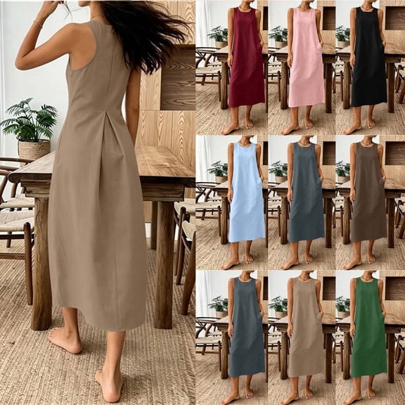 Women's Cotton Linen Sleeveless Round Neck Midi Dress Solid Color Back Zipper Casual Dress with Pockets for Summer Daily Wear Khaki XL(XL)