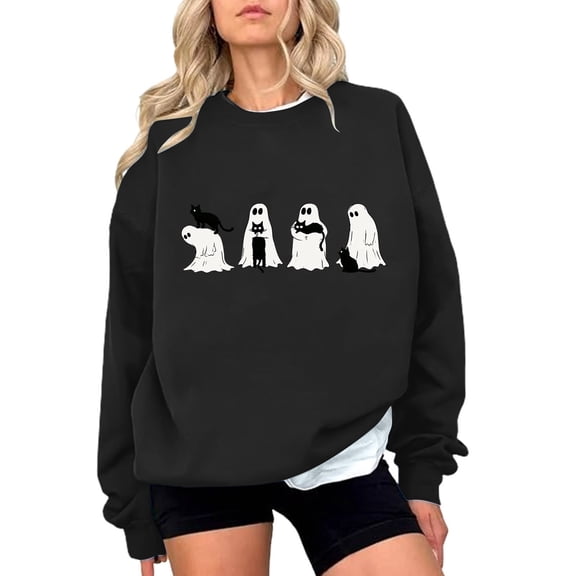 Wenini Women's Halloween Black Cats and Ghost Print Sweatshirt Long Sleeve Crew Neck Sweatshirt Casual Pullover Top