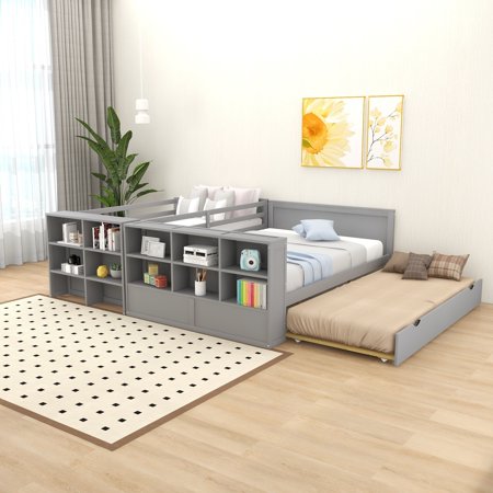 Twin over Full Solid Wood Bunk Bed with Trundle and 12 Shelves Grey