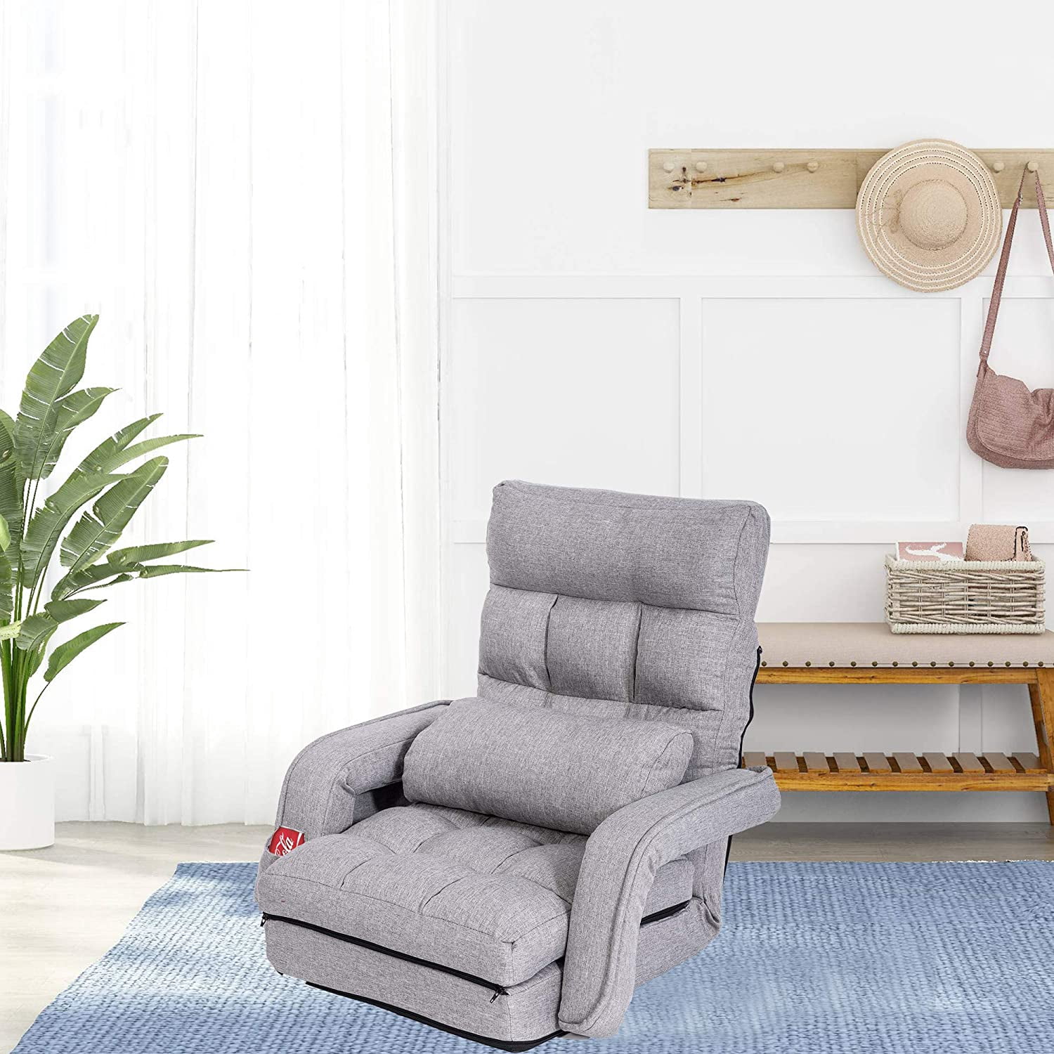WAYTRIM Lazy Sofa Bed Fold Floor Chair Soft Sleeper In Home Lounger Recliner 6-Position Adjustable with Armrests Pillow Light Gray