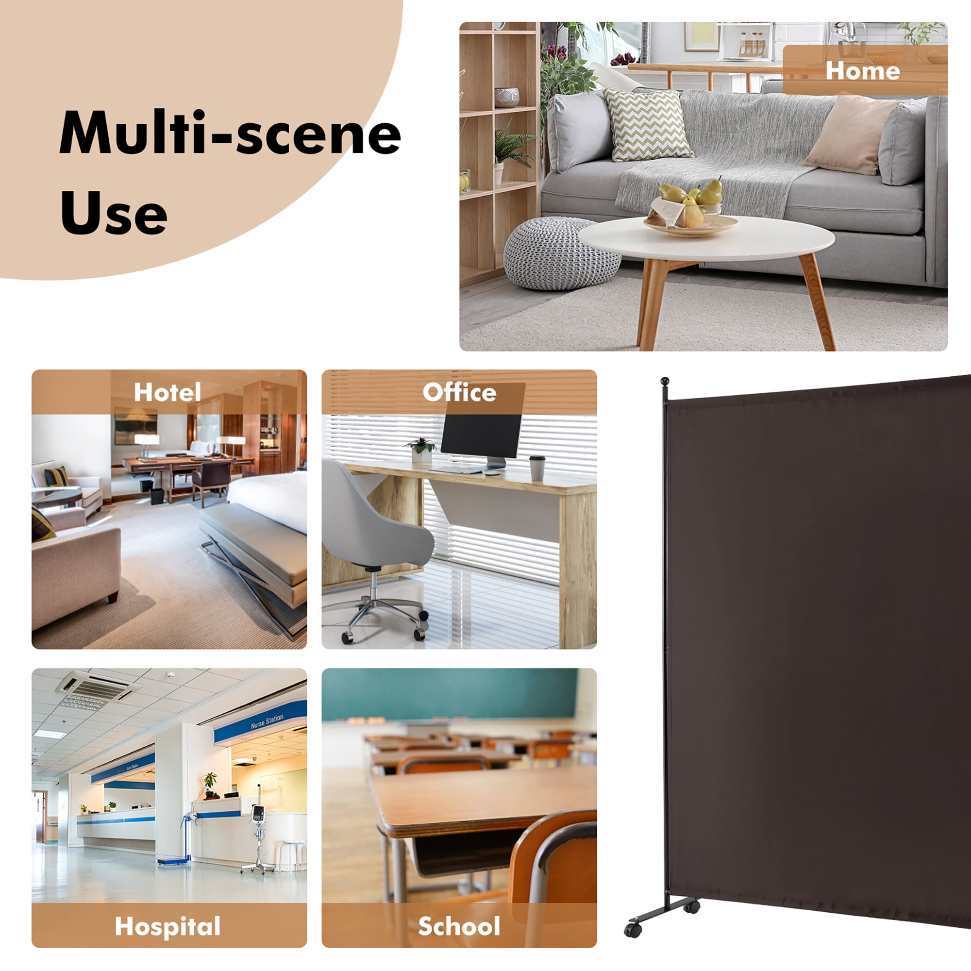 Costway 6FT Single Panel Room Divider with Wheels Rolling Fabric Partition Privacy Screen Brown