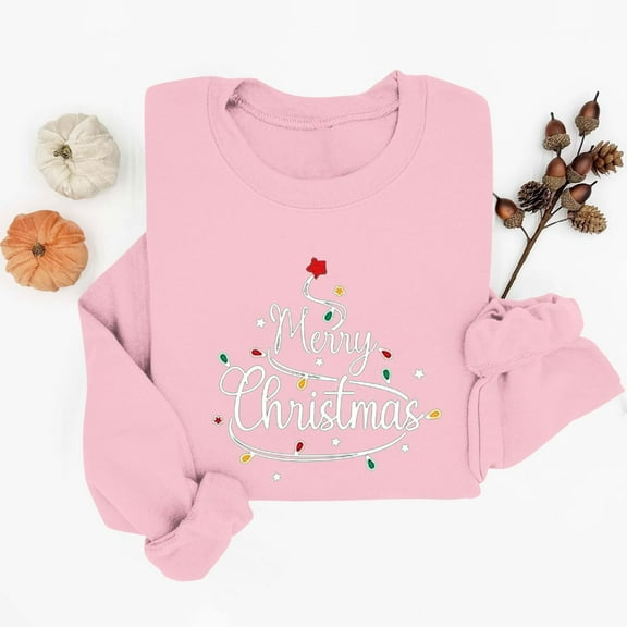 Womens Casual Crew Neck Sweatshirt Christmas Loose Fit Soft Long Sleeve Warm Pullover Tops Fall Clothes Pink XS