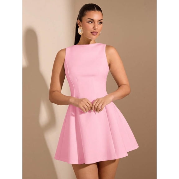 Coral Pink A-Line Sleeveless Fitted Waist Elegant Mini Dress For Women