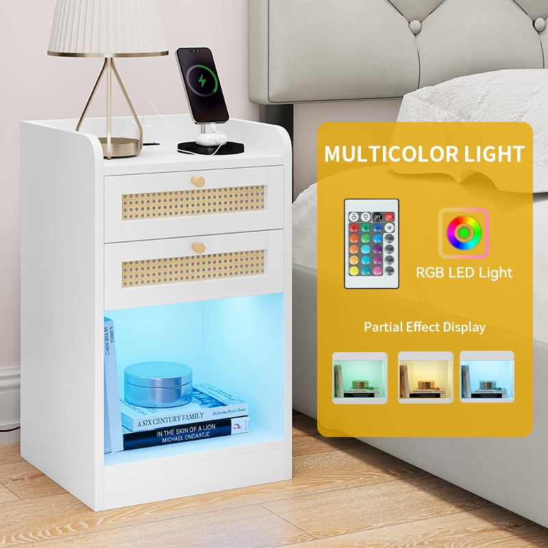 Uforic Wicker Nightstands with 2 USB Ports, UL Certification, 2 Wicker Drawers, and Instruction Manual,White