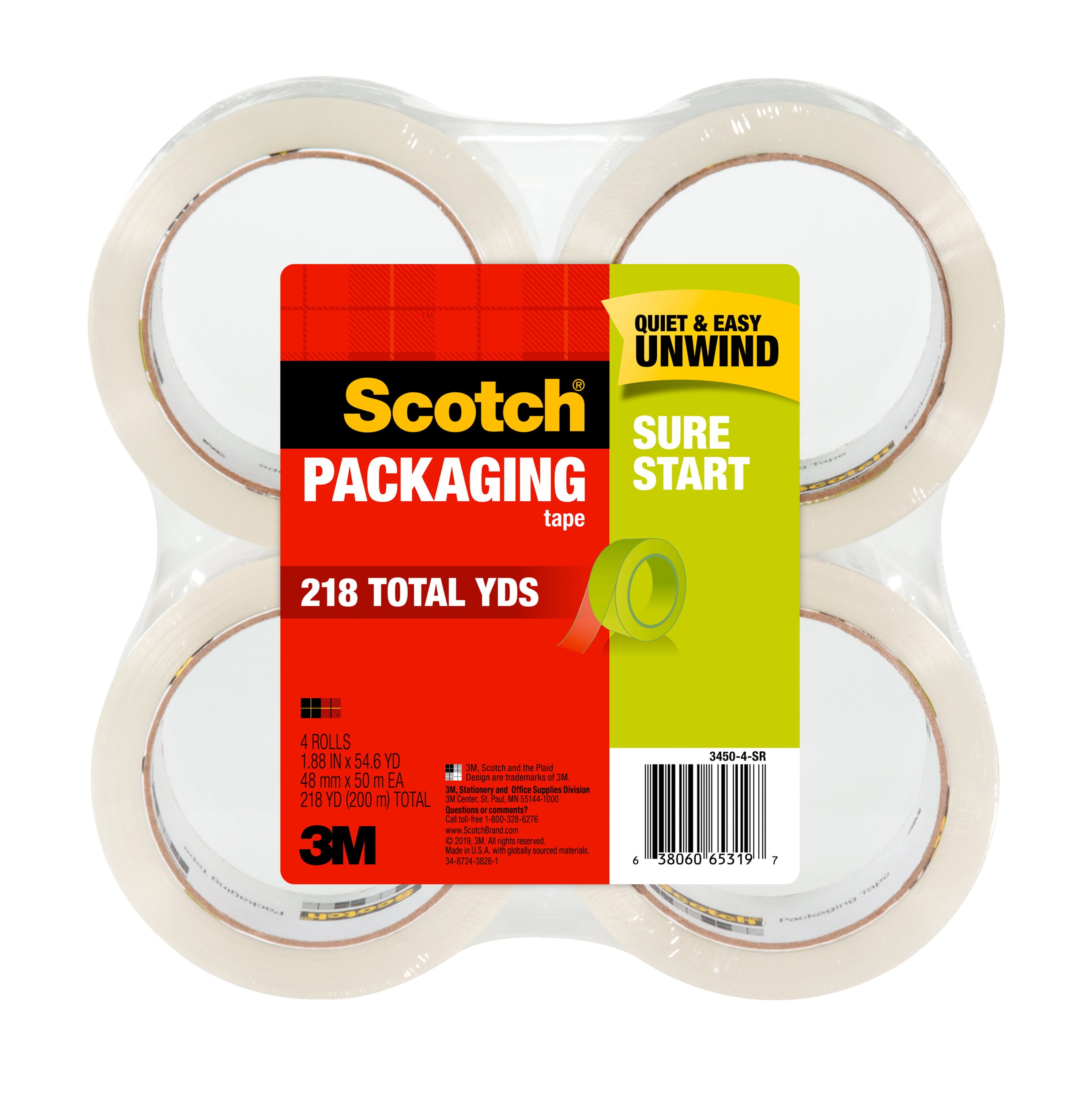 Scotch Brand Sure Start Packaging Tape Refill Rolls 6-Rolls 1.5" Core 1.88 In...
