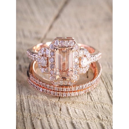 Limited Time Sale 2 carat Morganite and Diamond Trio Ring Set in 10k Rose Gold with One Engagement Ring and 2 Wedding Bands