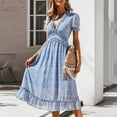 thumbnail image 1 of Vedolay Summer Dress Womens Elegance Audrey Hepburn Style Ruched 3/4 Sleeve Midi A-line Dress,E-Blue S, 1 of 5