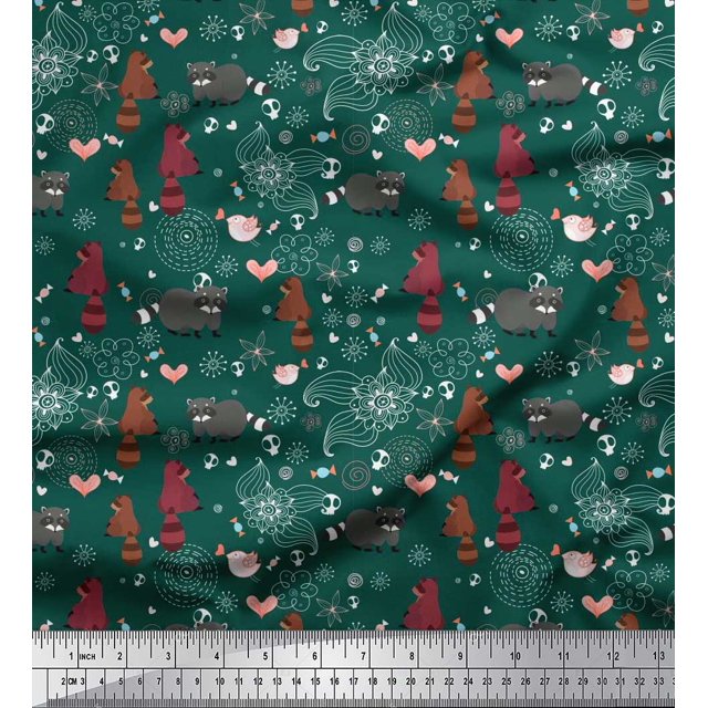 Soimoi Cotton Cambric Fabric Bird,Floral & Racoon Cartoon Printed Fabric 1 Yard 56 Inch Wide