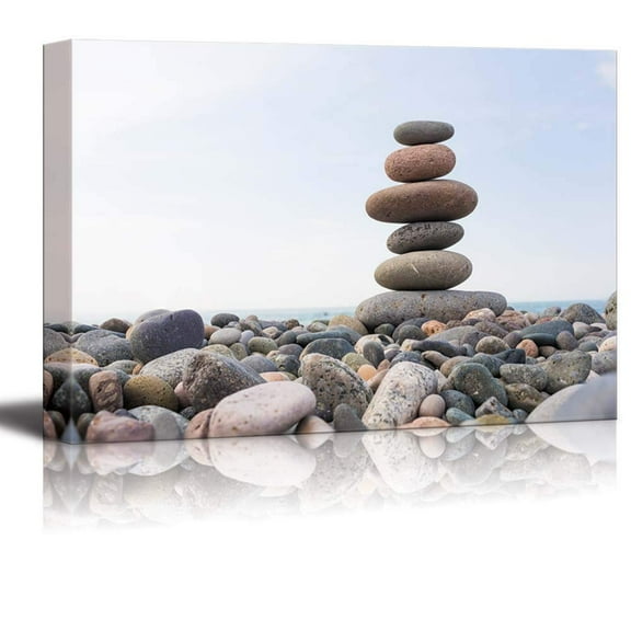 wall26 - Canvas Prints Wall Art - Zen Stones Balance, Pebbles Stack Over Blue Sea | Modern Wall Decor/Home Decoration Stretched Gallery Canvas Wrap Giclee Print. Ready to Hang - 32" x 48"