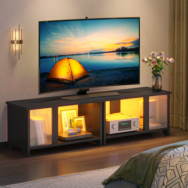 Pinmoco Meuble TV à DEL pour Téléviseurs jusqu'à 65 Pieds', Meuble TV Extensible Côte à Côte Ou Empilable avec Rangement, Noir